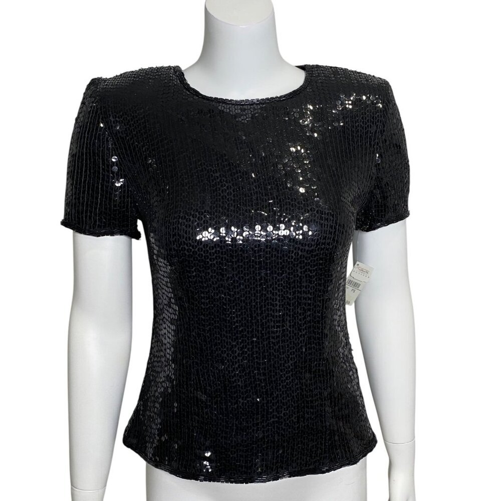Vintage Talbots Petites Black Sequin 100% Silk Top Womens Size Ps Short Sleeve